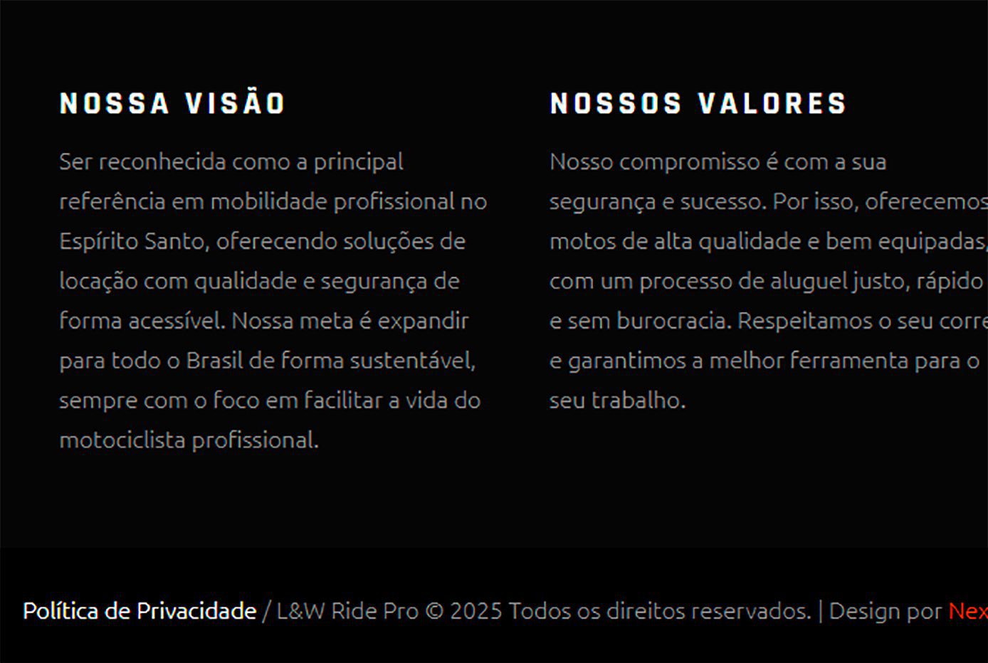 Website L&W Ride Pro desenvolvido pela Nexfera, destacando inovações digitais para transformar negócios